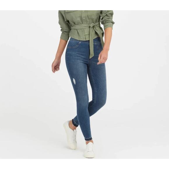 SPANX Pants - Spanx Distressed Ankle Skinny Jeans Pull On High Rise Medium Wash Blue Size XL